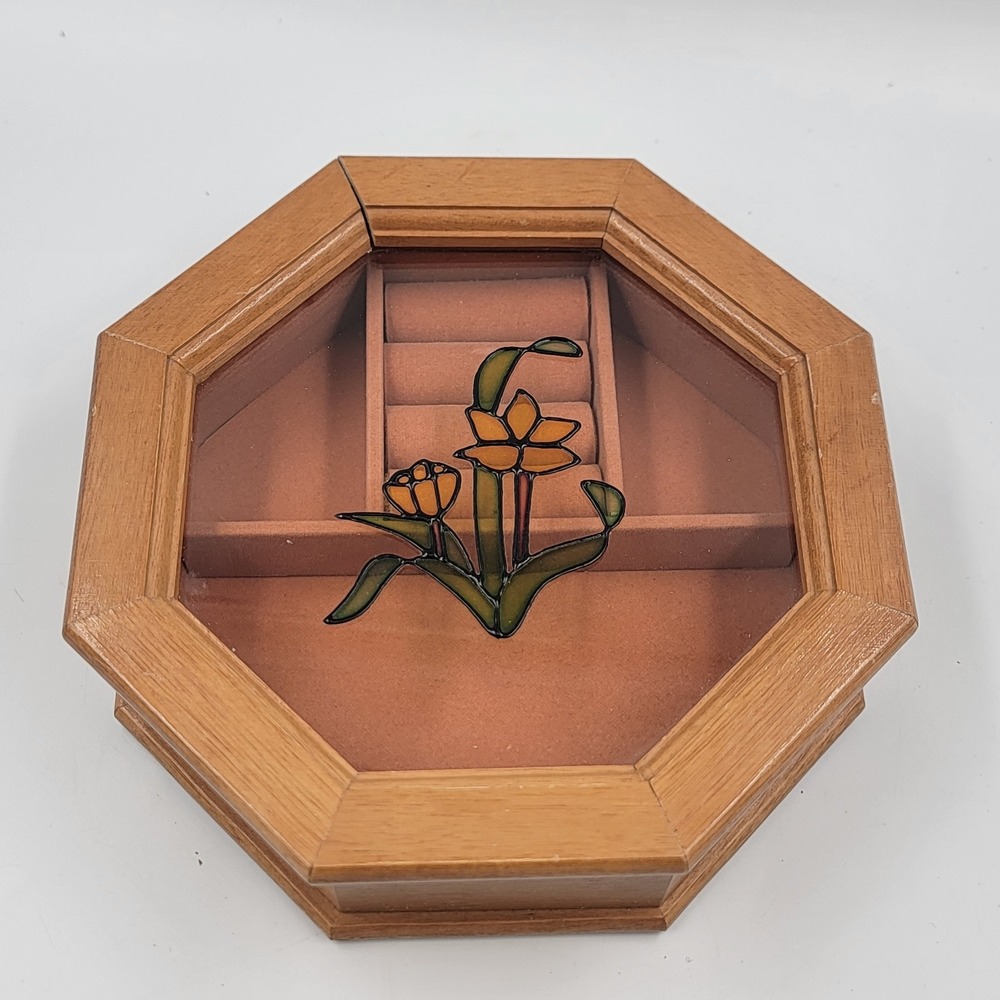 Mele 6.5" Octagonal Wood Jewelry Box  Yellow Flower Glass Lid & Felt Lining